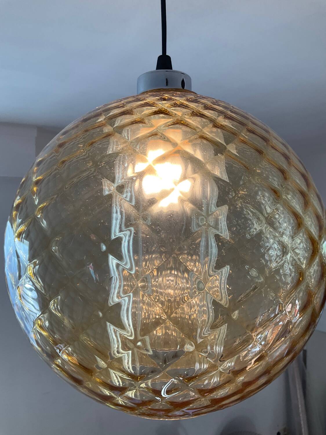 Vintage 70s smoked glass ball pendant light