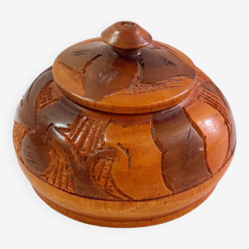 Boîte en bois artisanale marron cuivré polychrome vintage