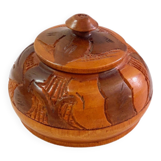 Boîte en bois artisanale marron cuivré polychrome vintage