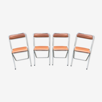 4 chaises vintage pliante à piétement tubulaire chromé et skaï marron de marque soudexvinyl.