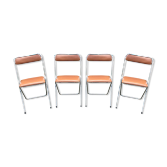 4 chaises vintage pliante à piétement tubulaire chromé et skaï marron de marque soudexvinyl.