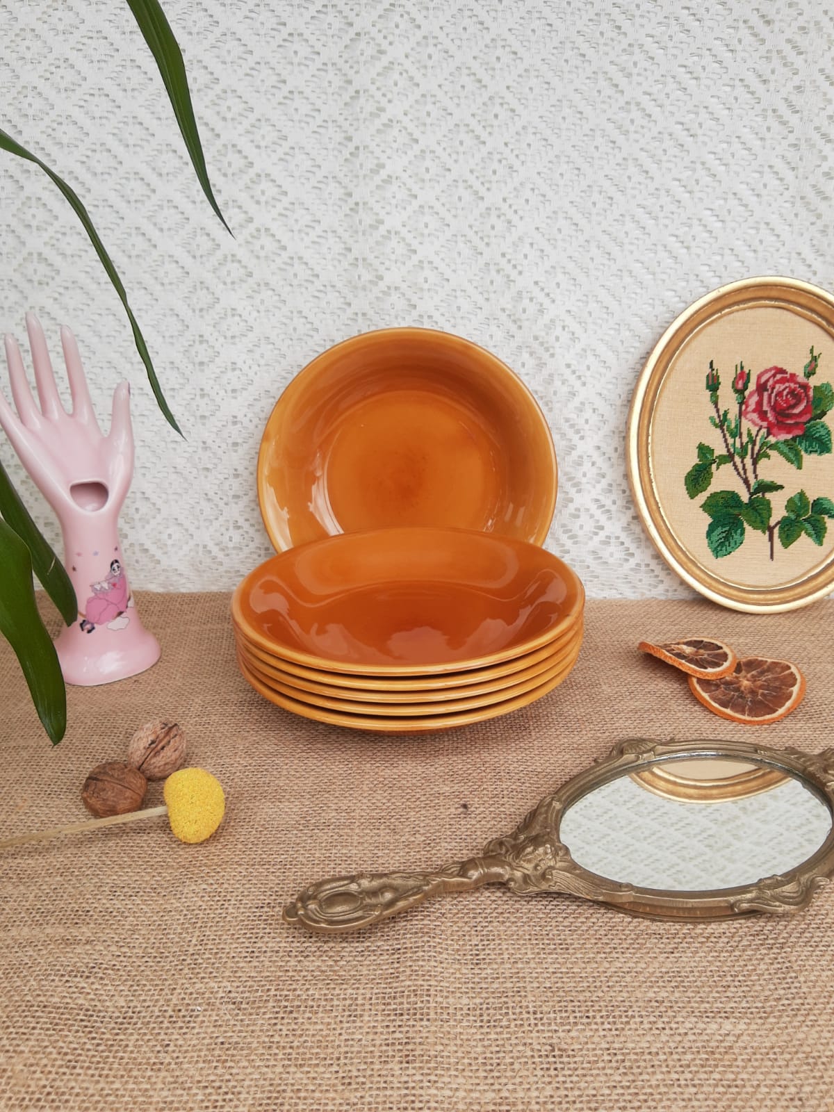 Set of 6 hollow plates Longchamp France mustard - vintage