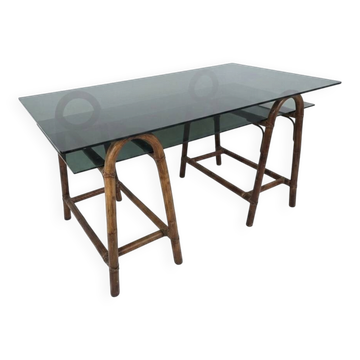 Double glass top rattan desk, 1970s.