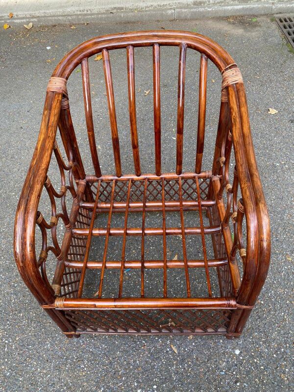 Fauteuil rotin et osier adulte bordeaux avec coussin 1970
