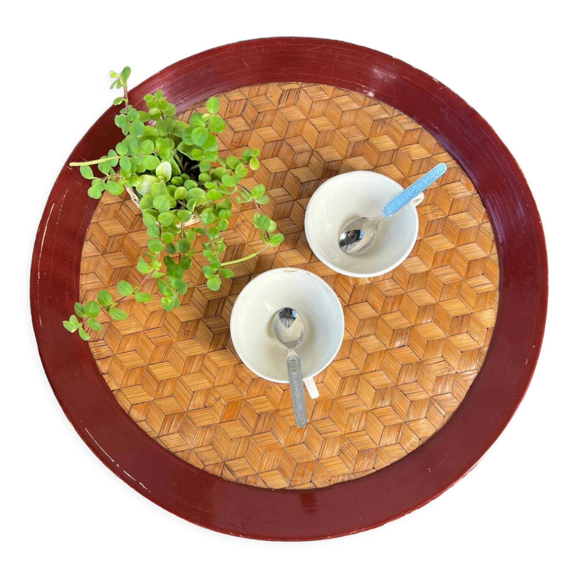 Ancient Asian tray in wicker and wood