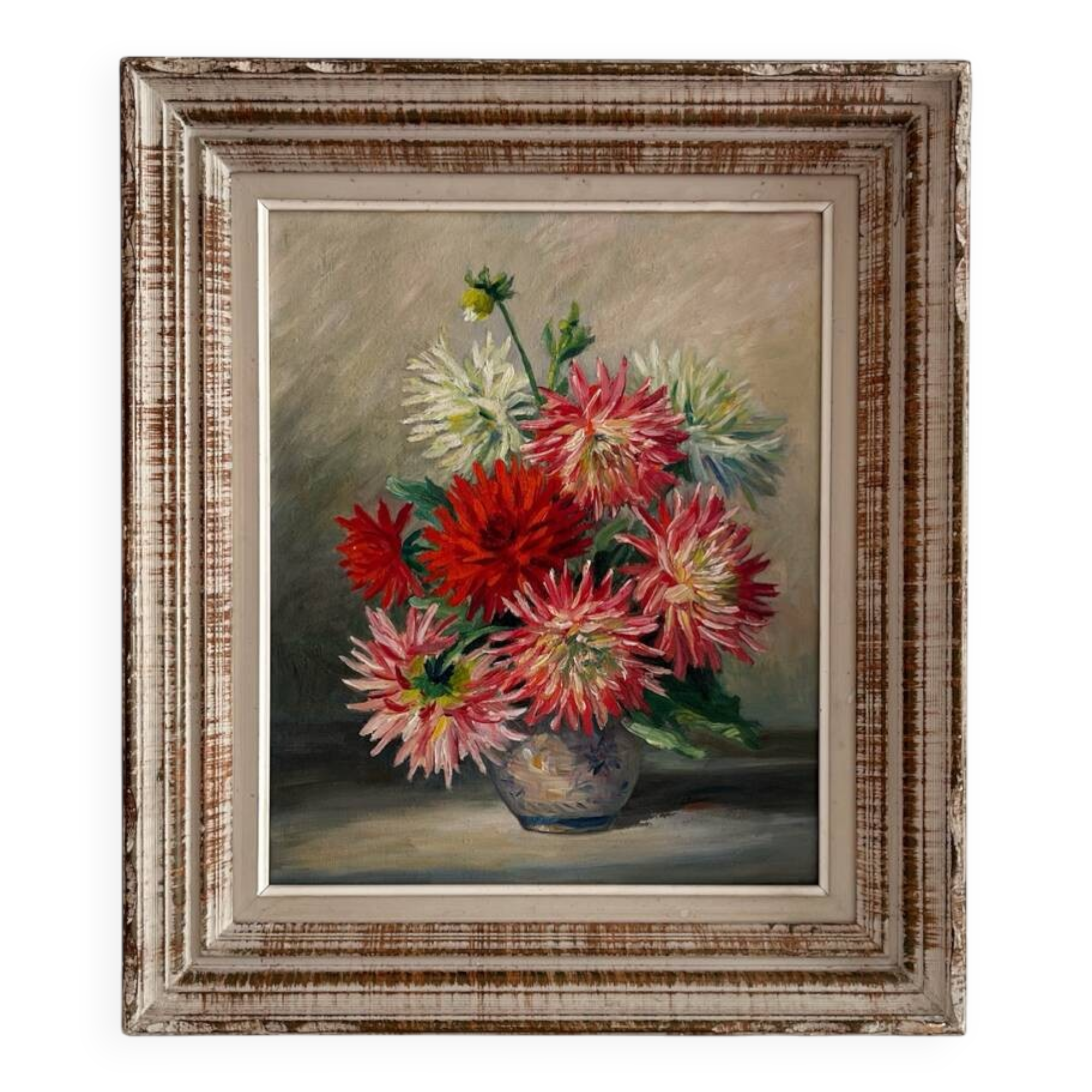 Peinture ancienne tableau huile sur toile fleurs dahlias 