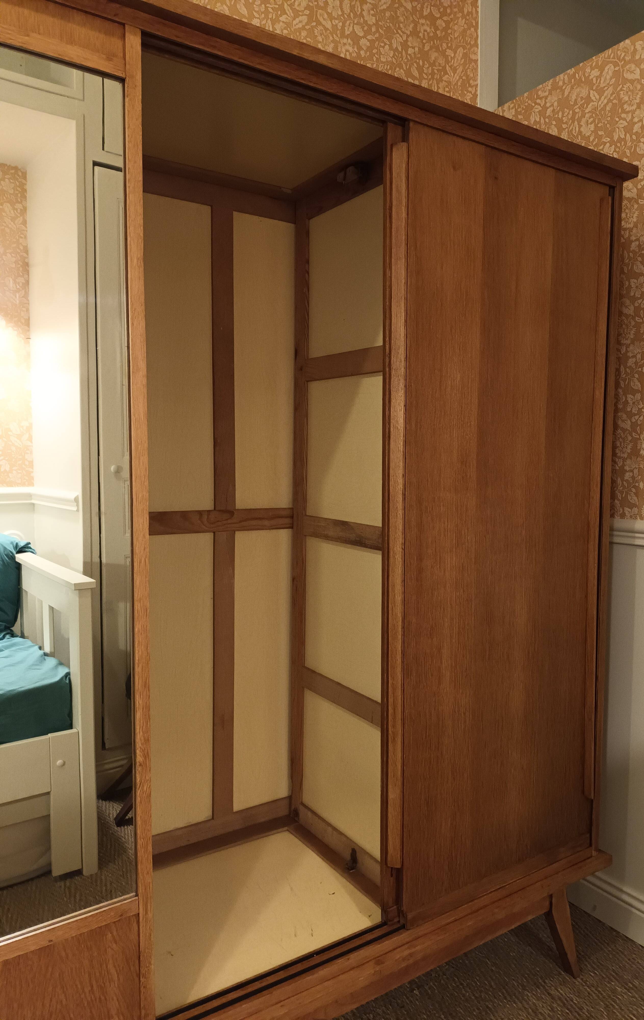 Vintage oak wardrobe with mirror with two sliding doors, France 1960s