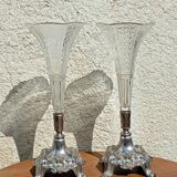 Pair of engraved tulip vases soliflor in silver metal in glass of 32