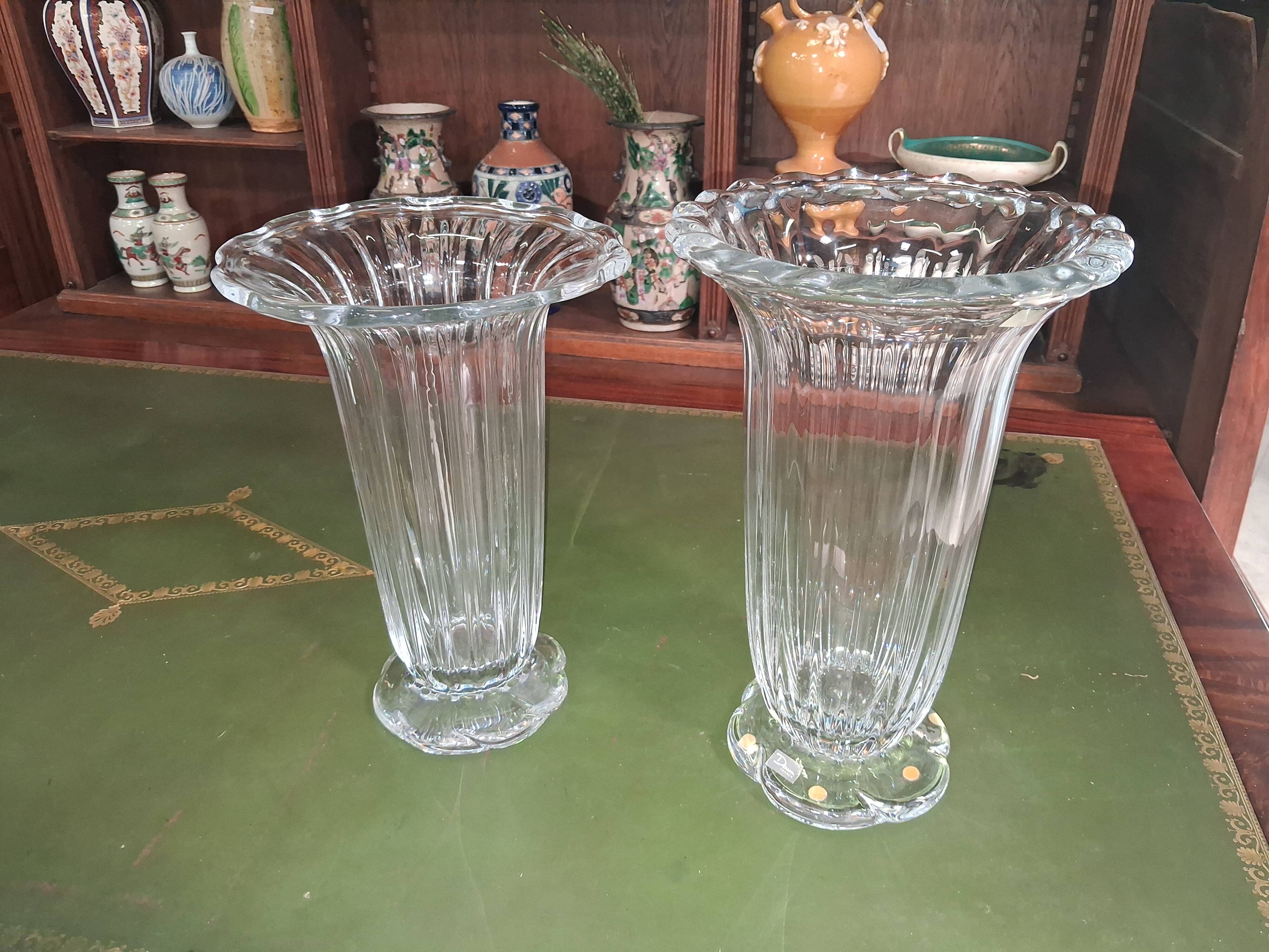 Pair of Daum France crystal cornets vases – Twisted ribbed model