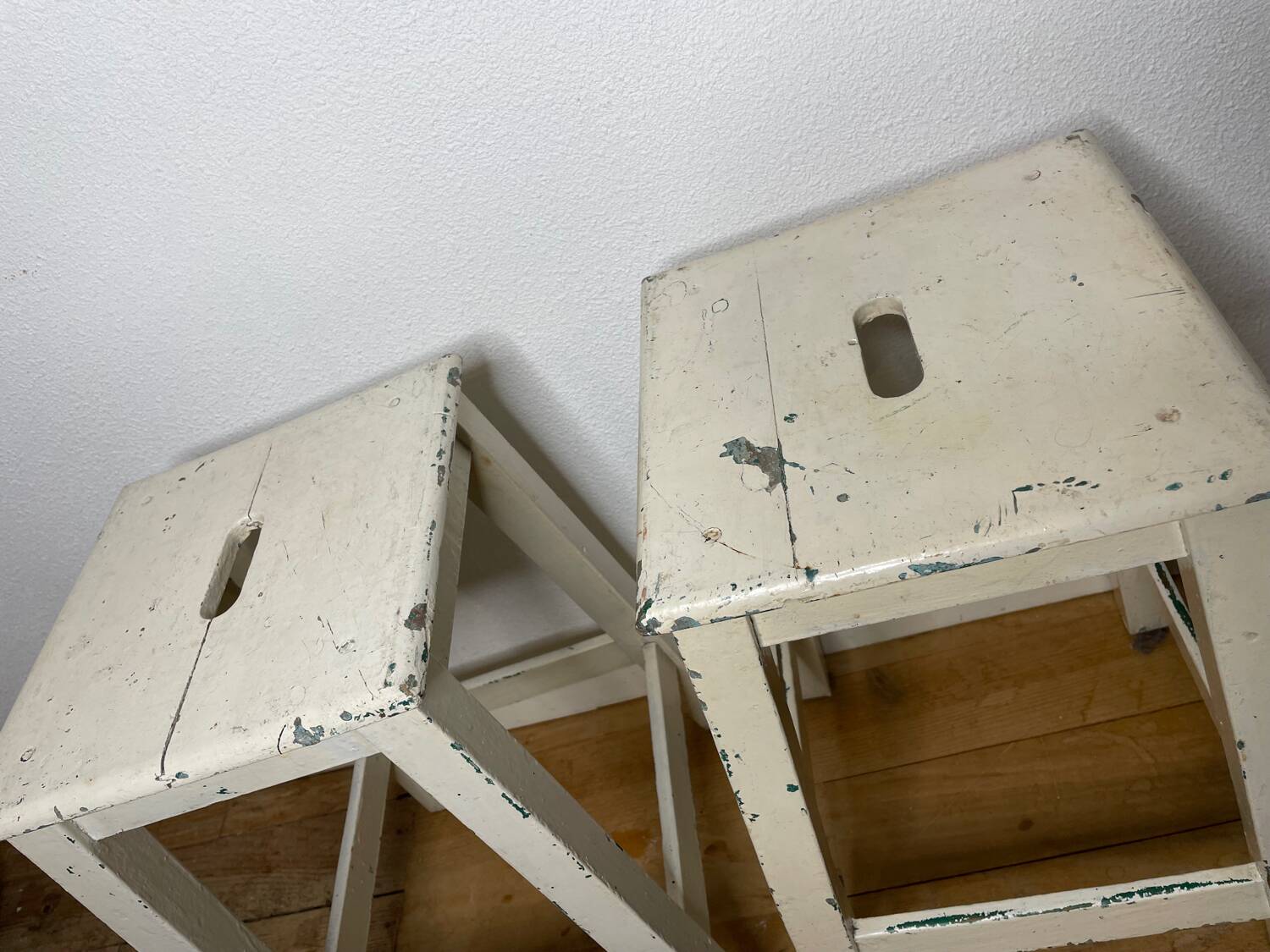 Pair of vintage cream stools in painted wood