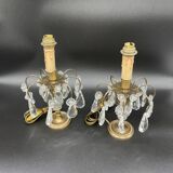 Antique, pair girandoles, candle holders, gilded brass, tassels, glass, drops, florets, 1 burner
