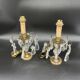 Antique, pair girandoles, candle holders, gilded brass, tassels, glass, drops, florets, 1 burner