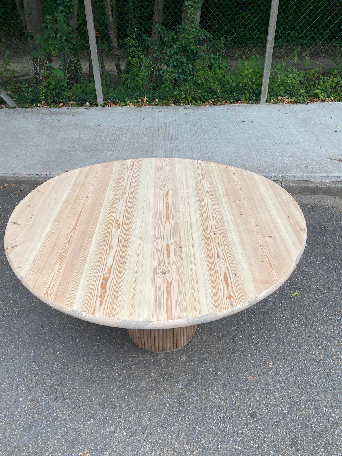 Scandinavian round dining table with a central base, stripped, made of solid raw wood, 90.
