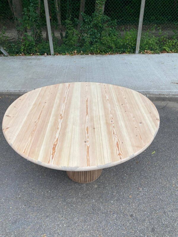 Table à manger scandinave ronde pied central décapée en bois massif brut 90