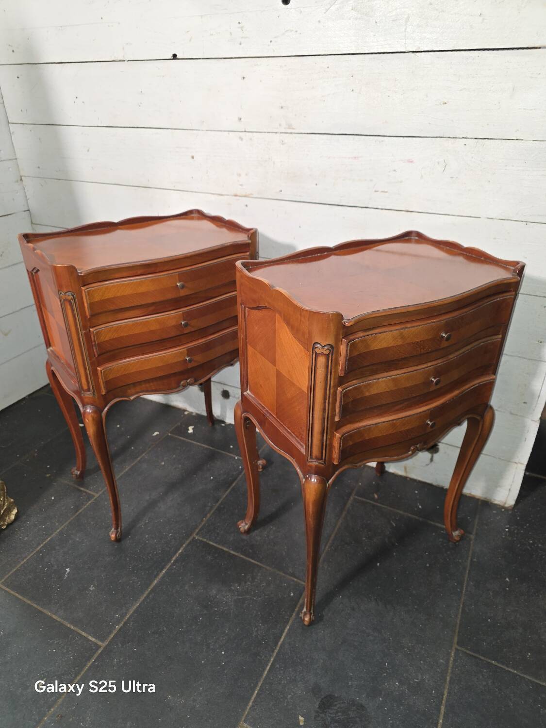 Pair of Louis XV style bedside tables in cherry wood marquetry.
