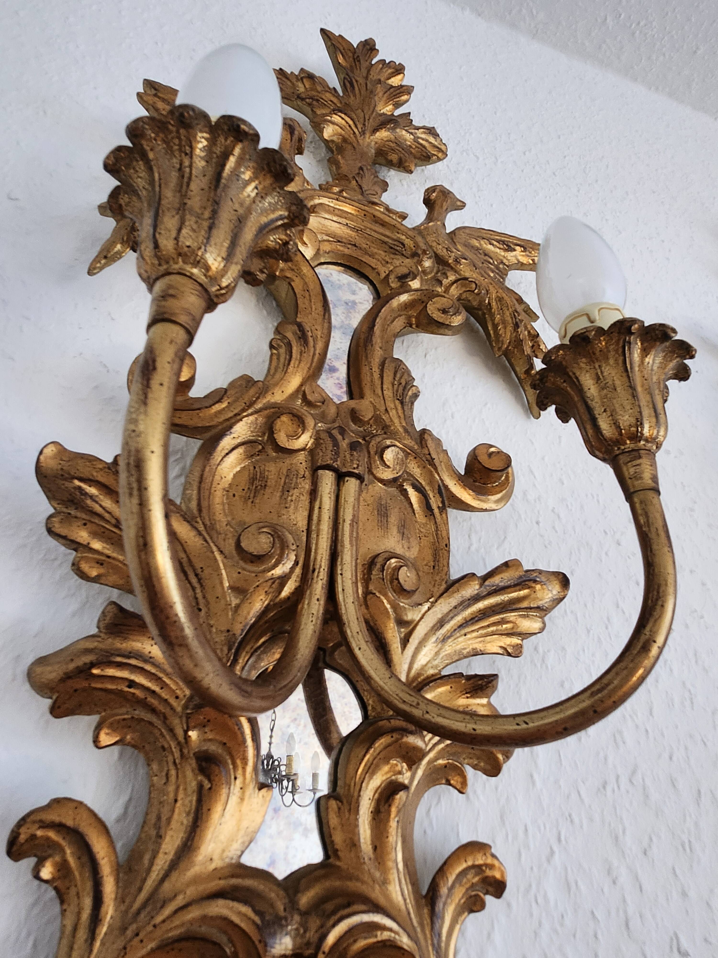 Louis XVI wall lamps Rocaille gilded carved wood antique mirror glass