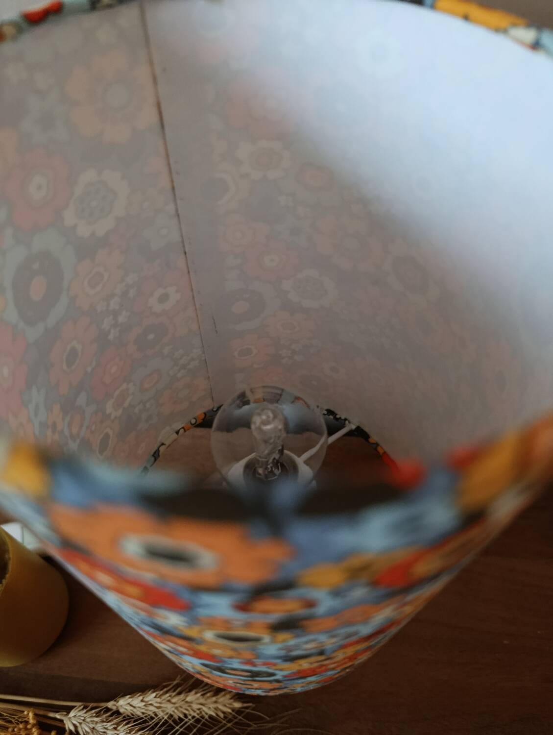 vintage light wood lamp, flower power lampshade