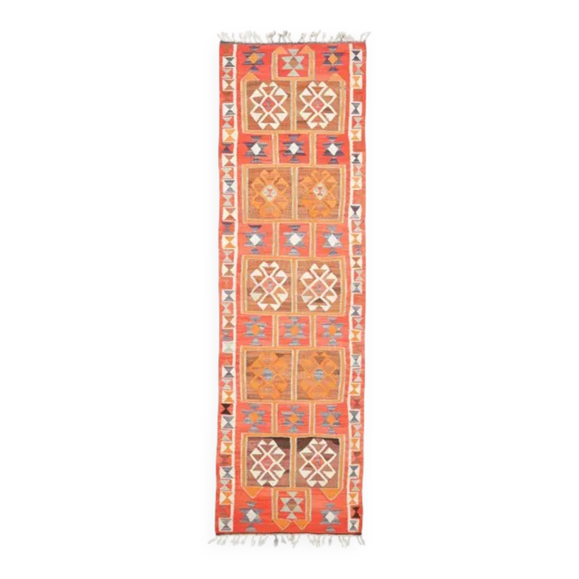1970s Vintage Turkish Hand-Knotted Wool Cotton Red Runner Rug 96x320
