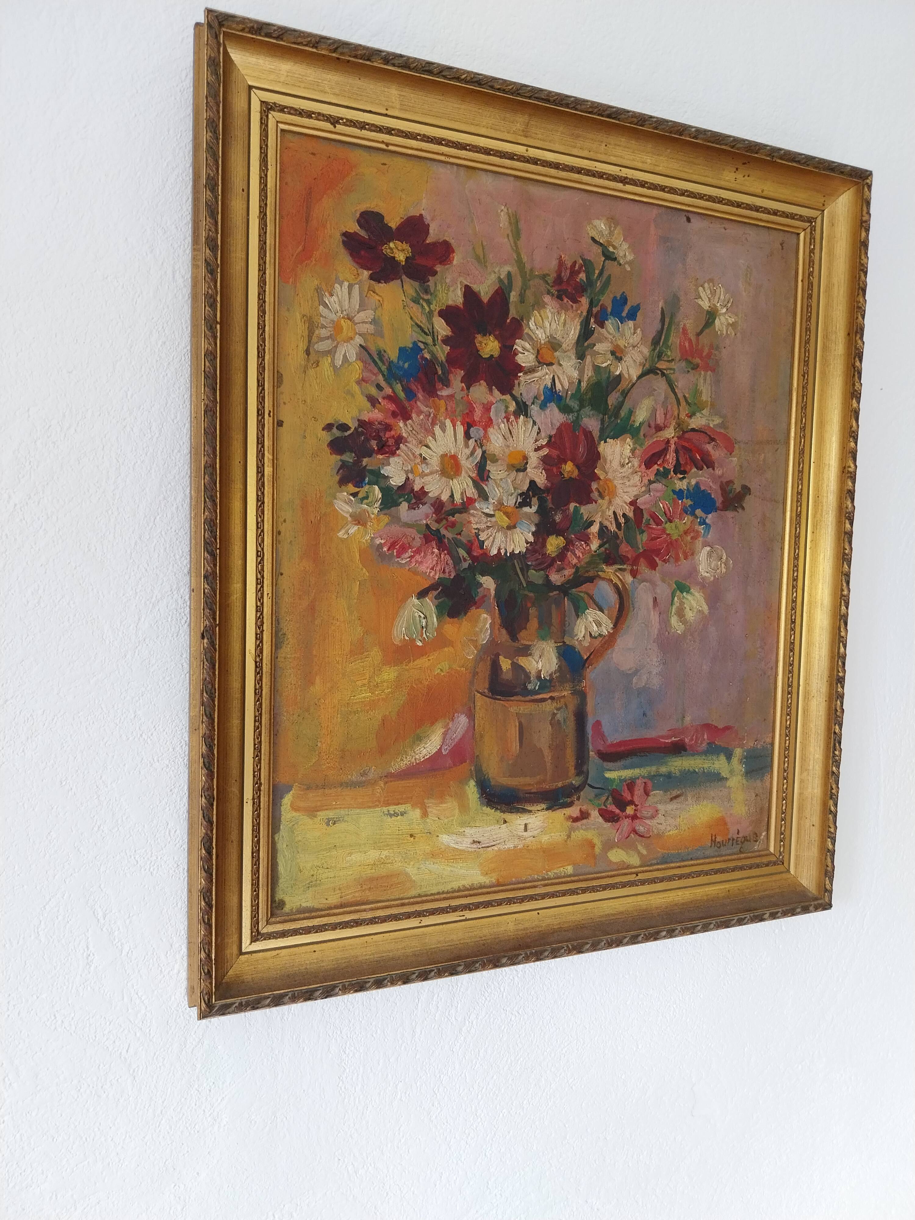 Huile sur panneau vintage signée Hourregue - bouquet de fleurs