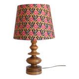 Turned wooden base lamp with printed lampshade