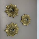 Set of Three Brutalist Bronze Sunburst Wall Lights, Italy 1950s