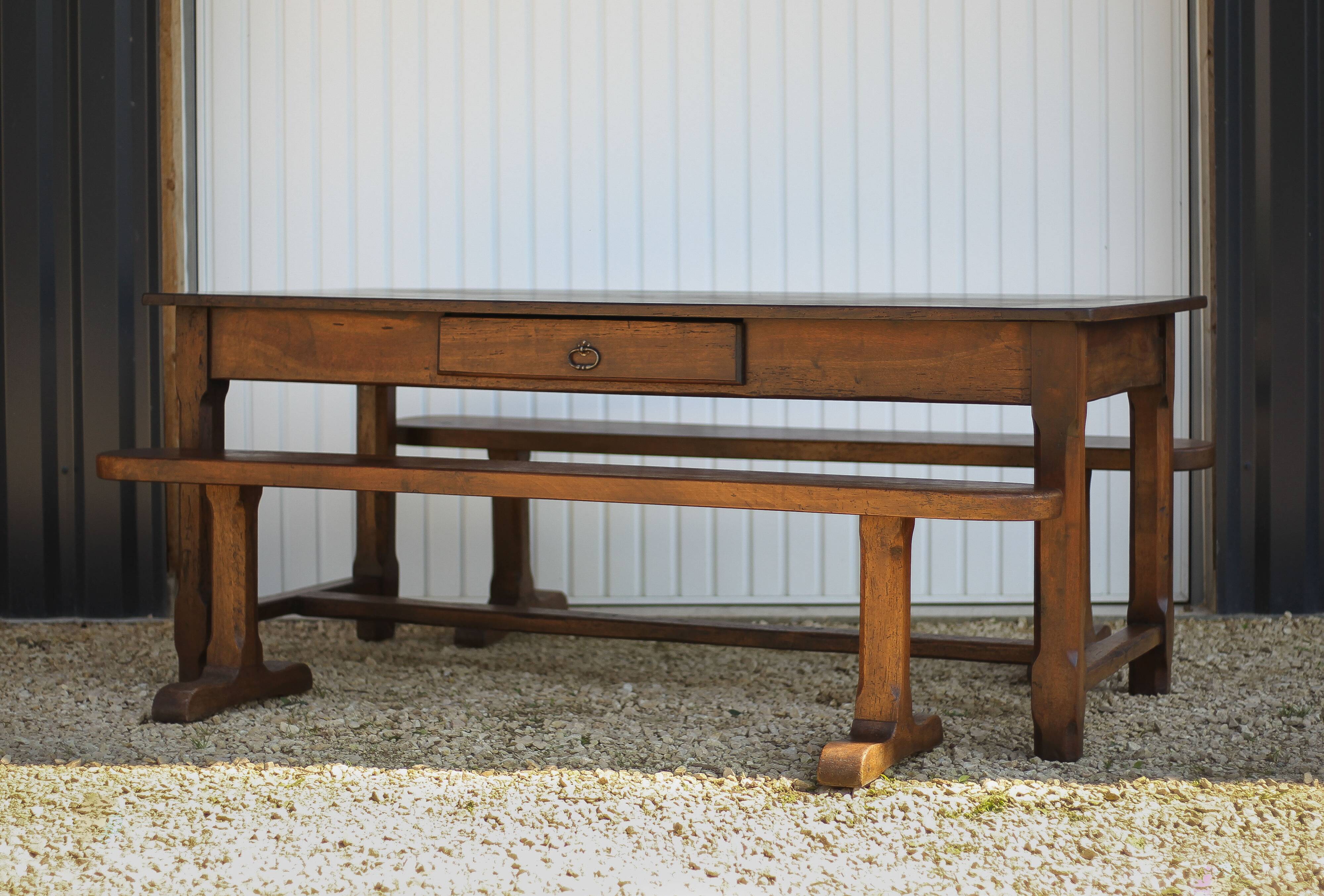 Farmhouse table and two benches, antique wooden farmhouse table, living room furniture, country style, chalet style, decor