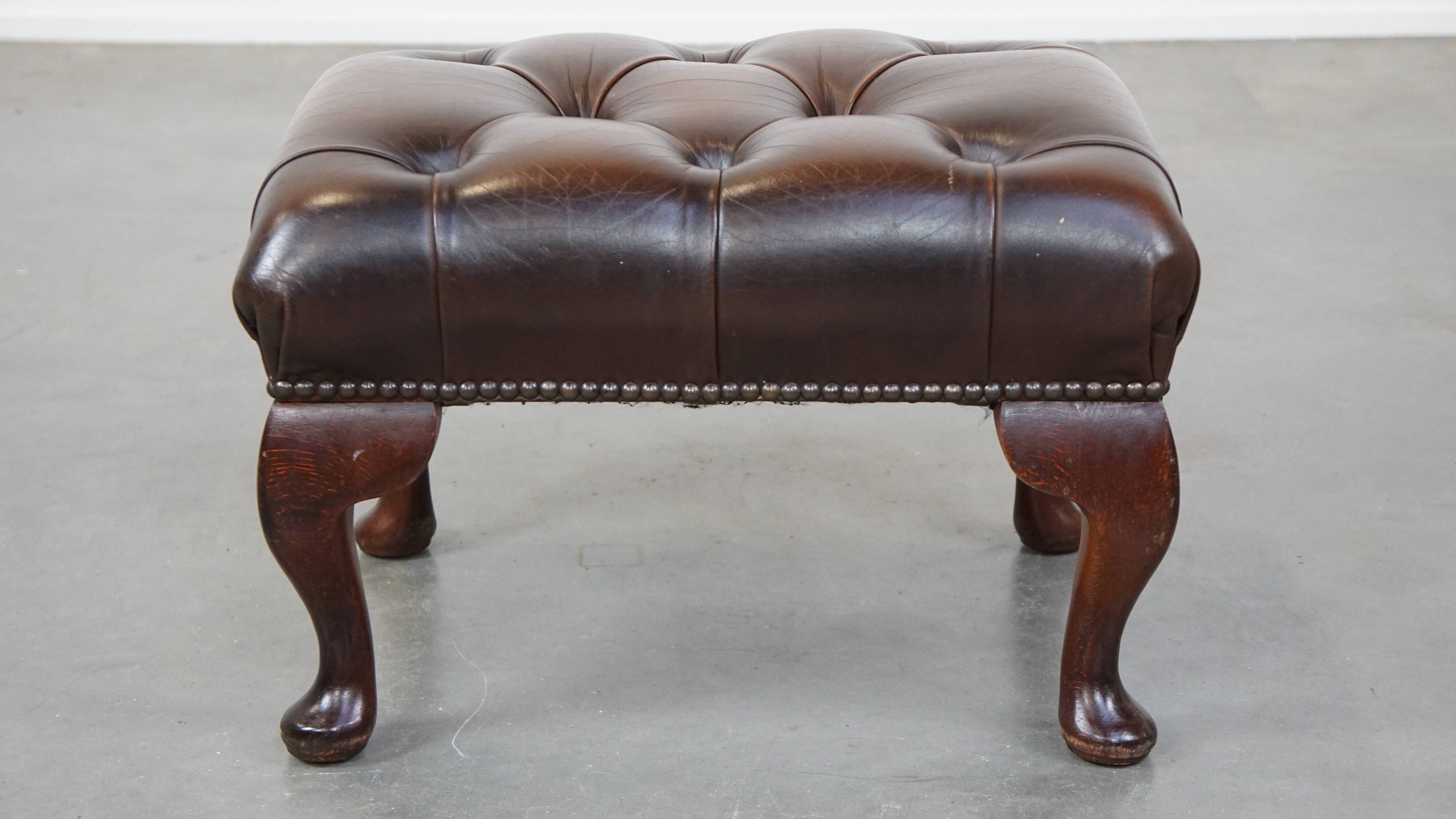 Dark brown cowhide leather Chesterfield ottoman