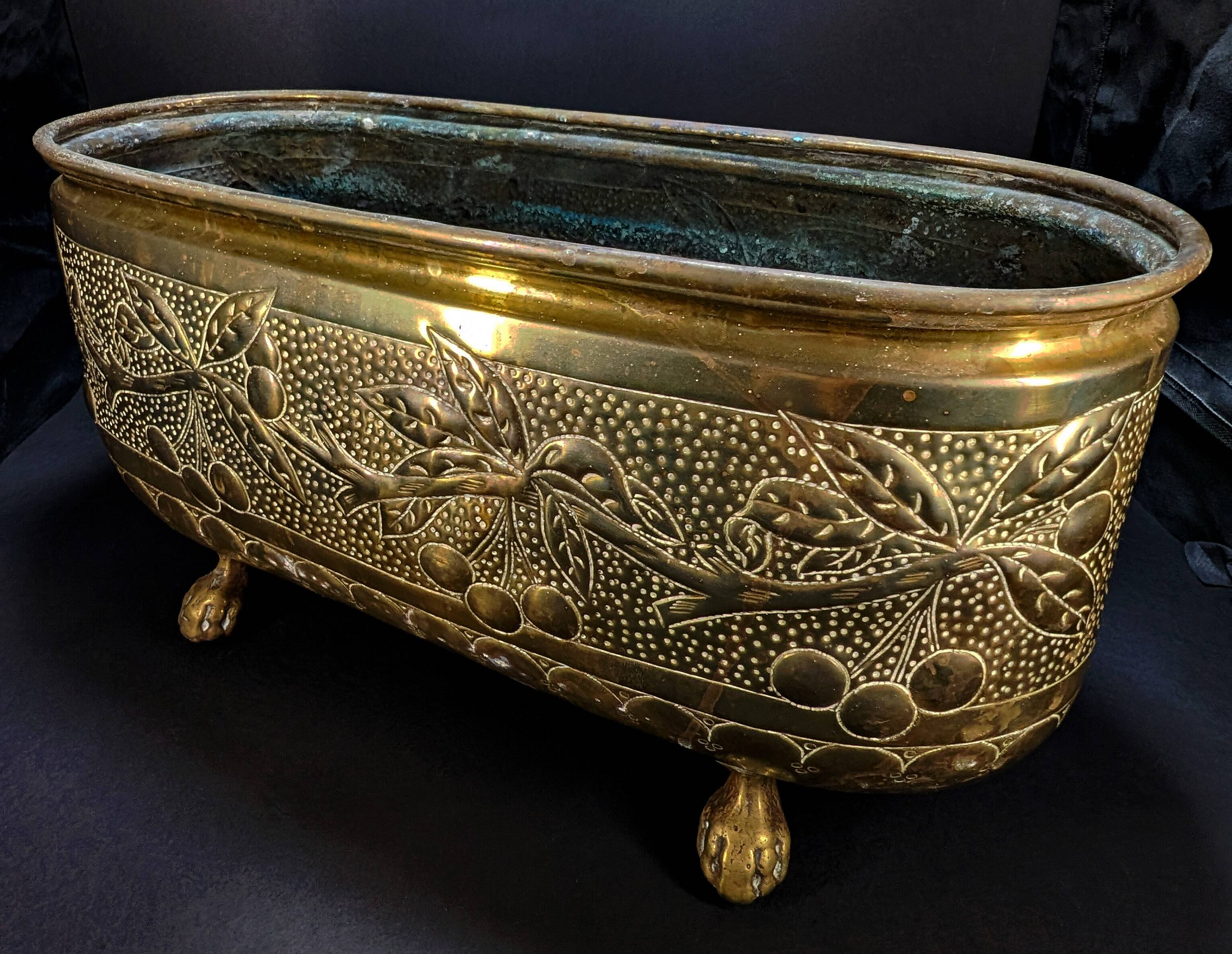 Antique Brass Jardinière – Repoussé Cherry & Leaf Décor – c.1900