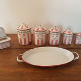 Old series of enamelled sheet metal spice pots