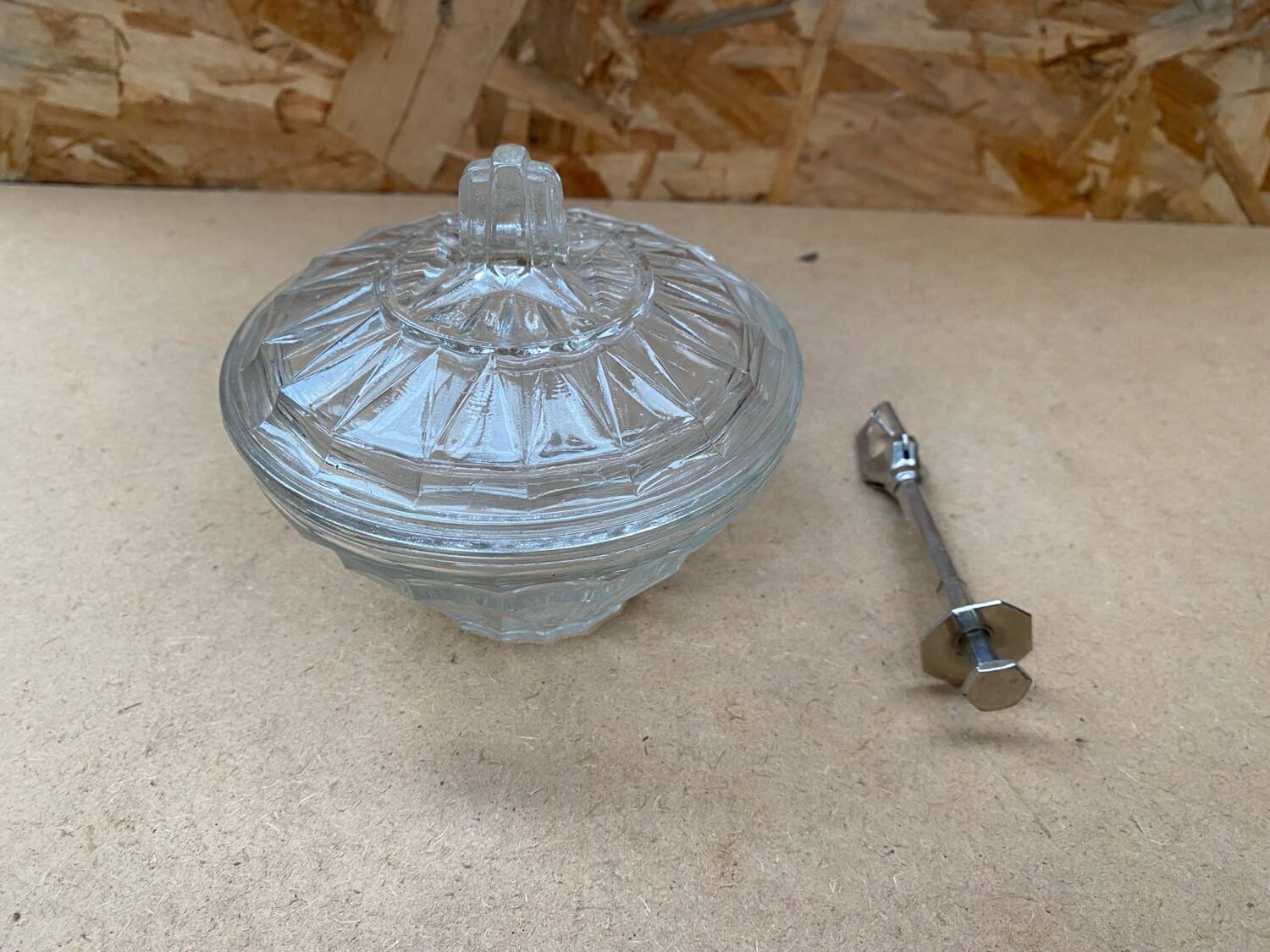 Old Molded Glass Candy Box + Sugar Tongs