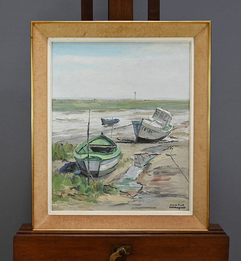 Painting “Boats at Low Tide”, signed J-P. Guinegault – 2nd part 20th century
