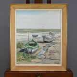 Painting “Boats at Low Tide”, signed J-P. Guinegault – 2nd part 20th century