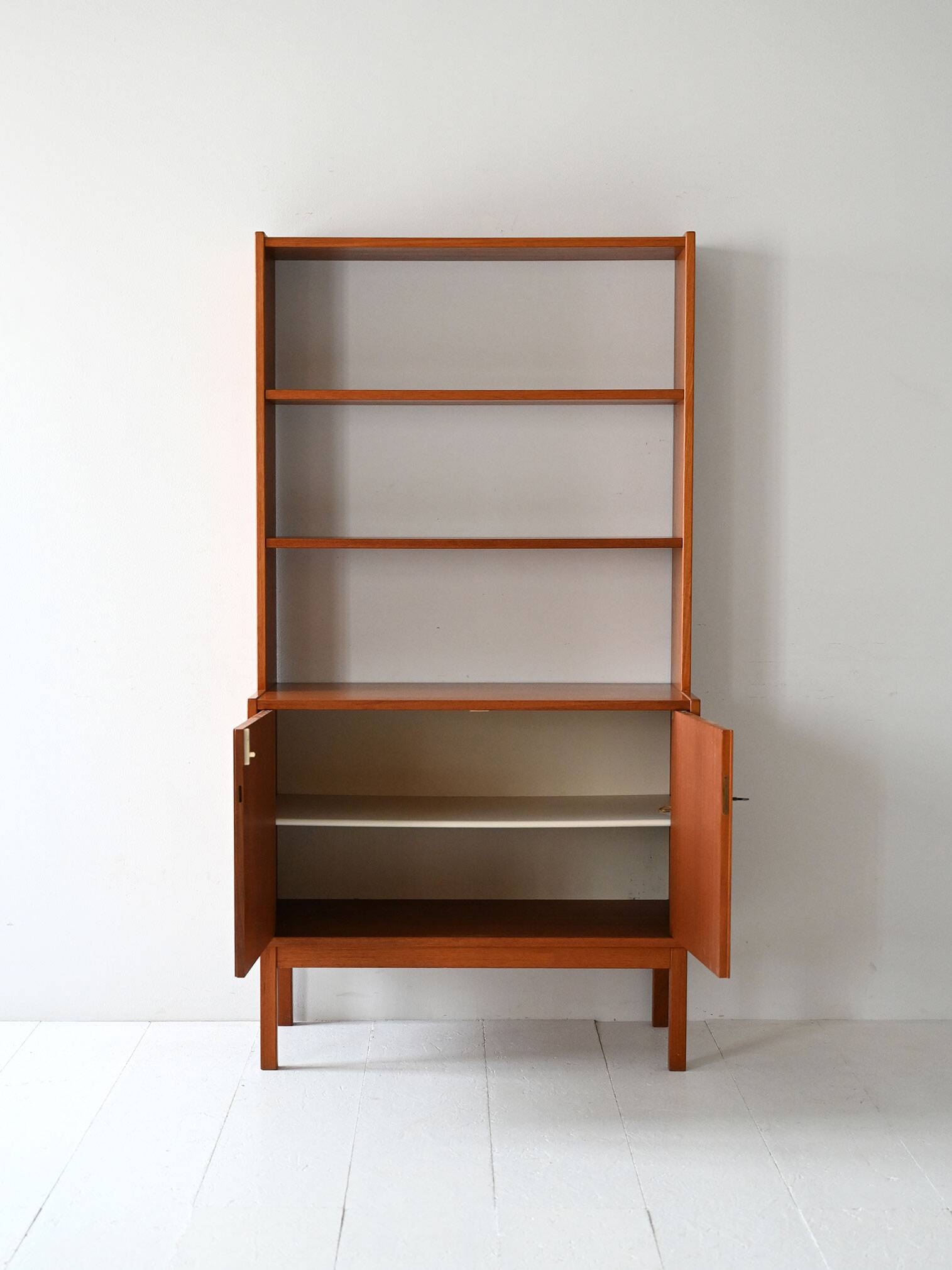 Vintage Scandinavian bookcase with hinged doors and open shelves
