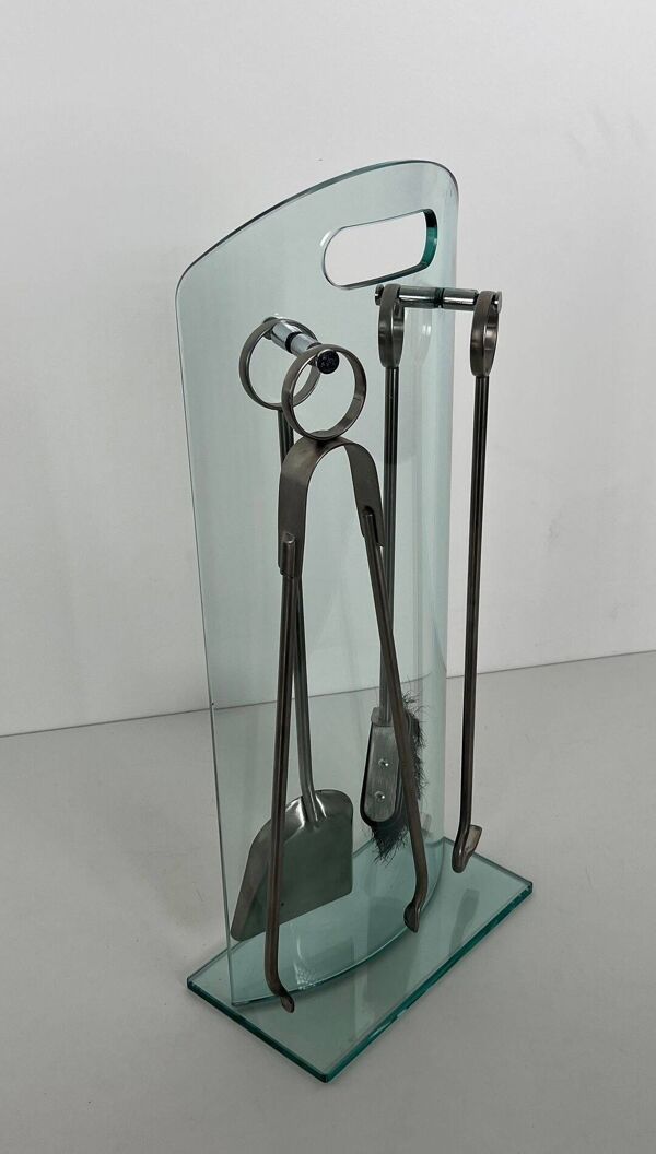 Nécessaire de Feu Design à Portant en Verre Trempé et Outils en Chrome