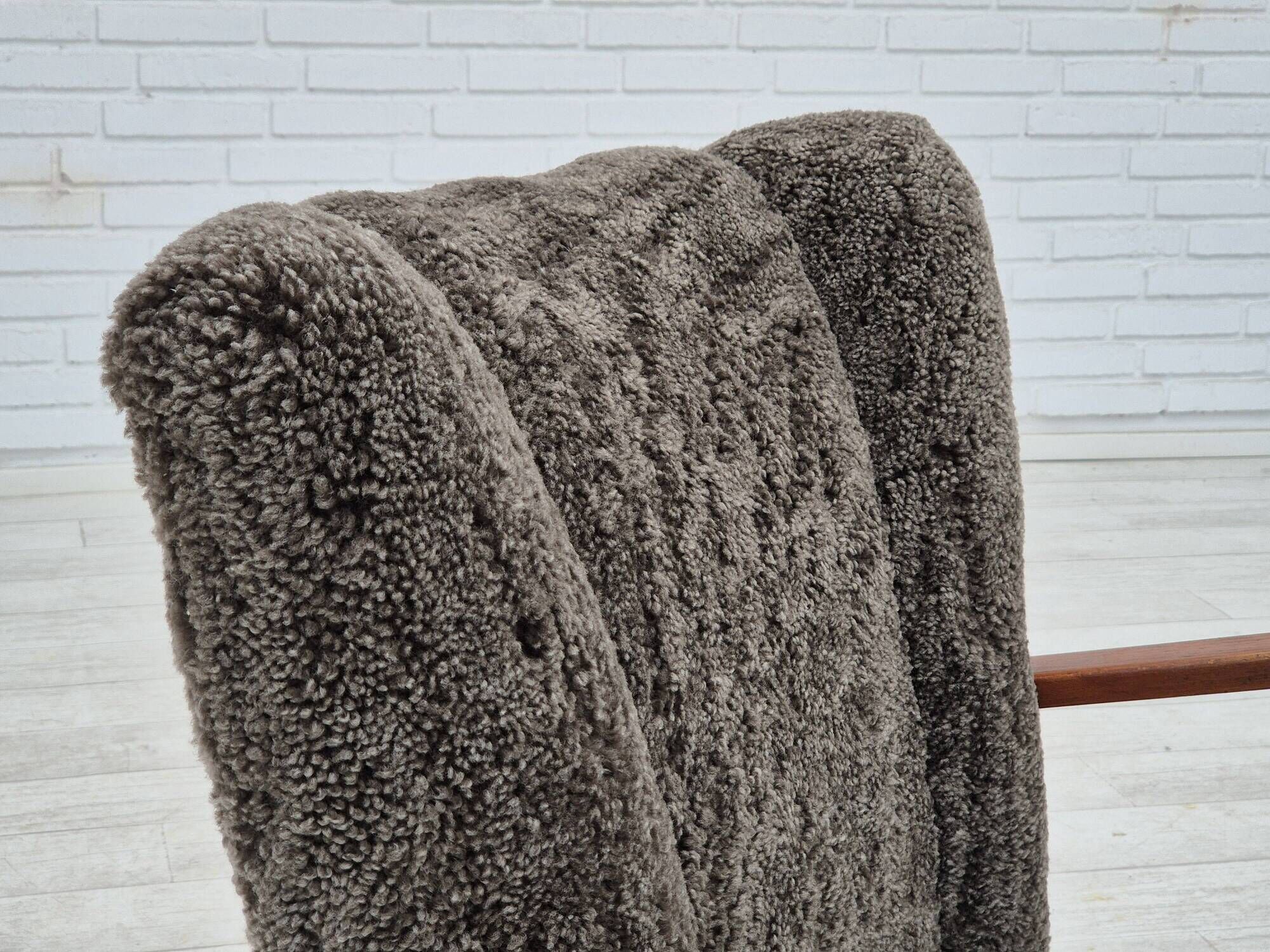 1950s, Danish design, reupholstered armchair, genuine sheepskin "Wellington".
