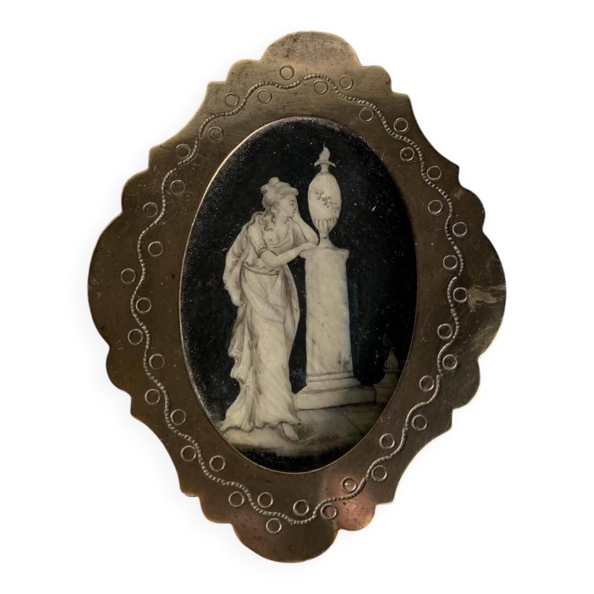 Miniature on ivory, oval brass frame.