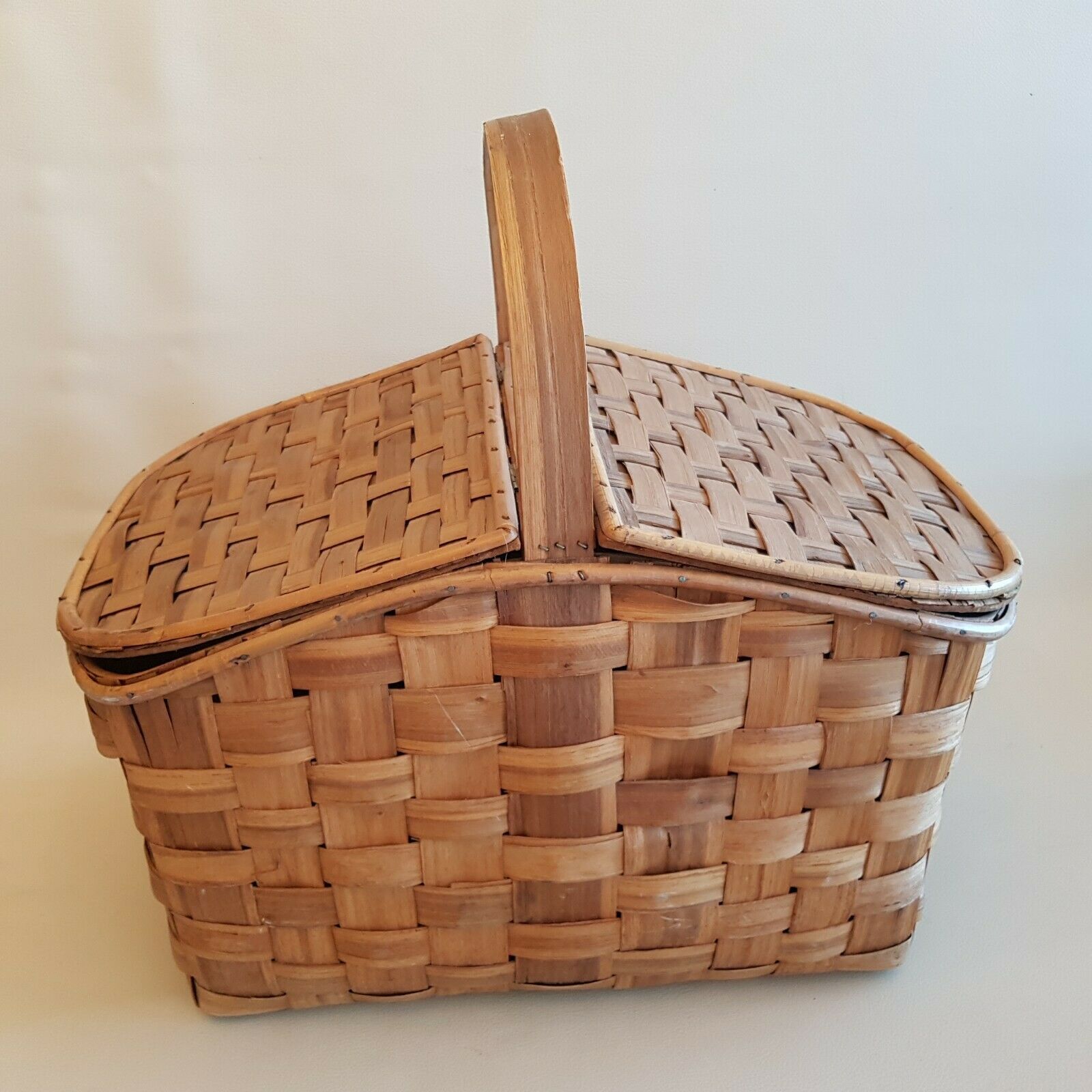 Old picnic basket wicker bamboo braided double opening