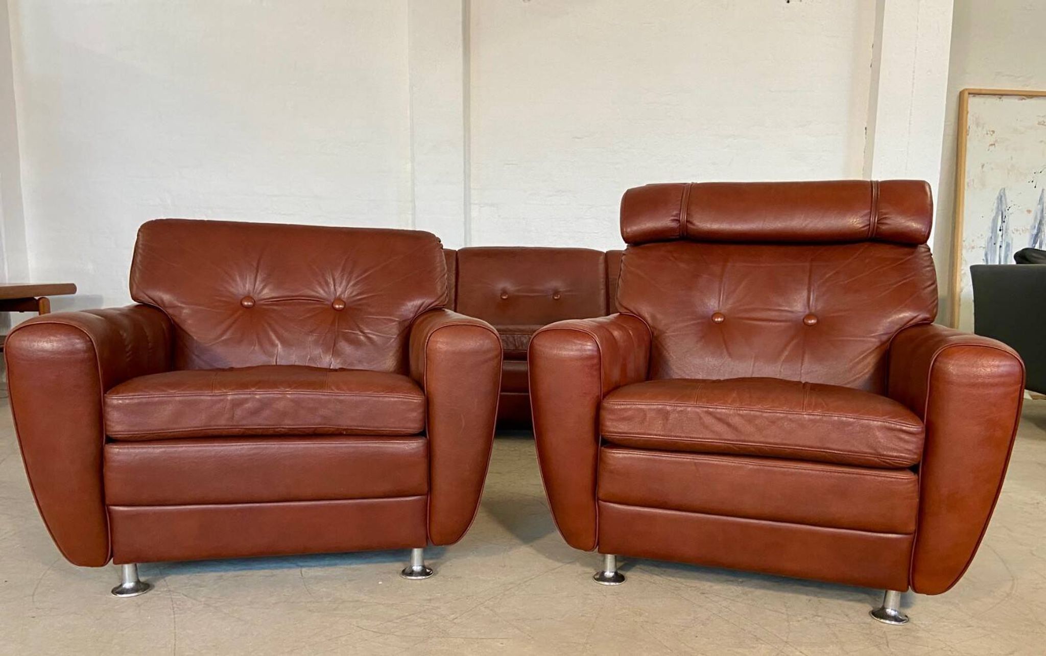 Vintage Danish mid-century Svend Skipper leather club chairs 1970s