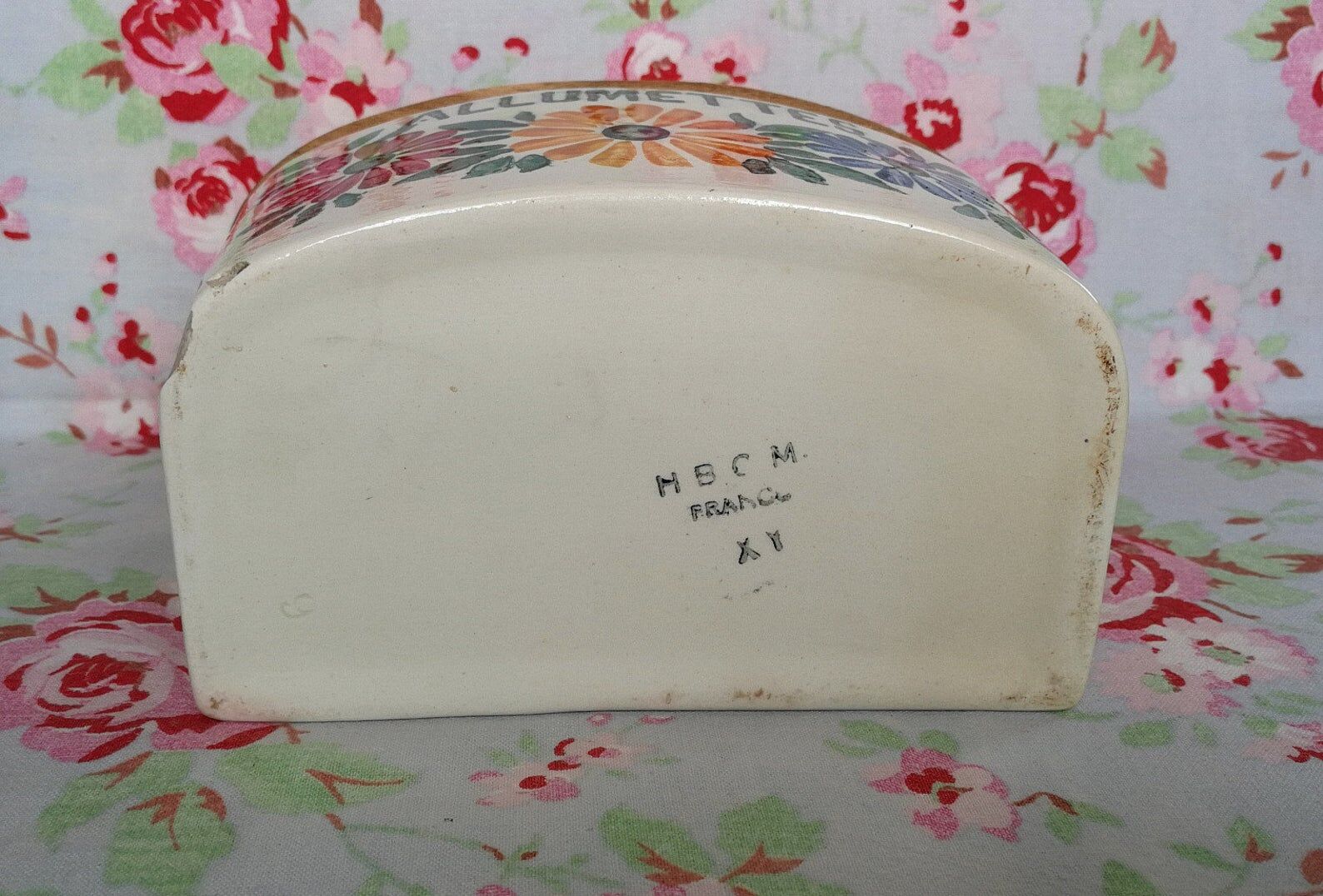 Ceramic matchbox and vintage antique wood dishes Creil Montereau HBCM