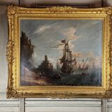 "View of a Busy Port" Oil on Canvas and its Frame, 18th Century