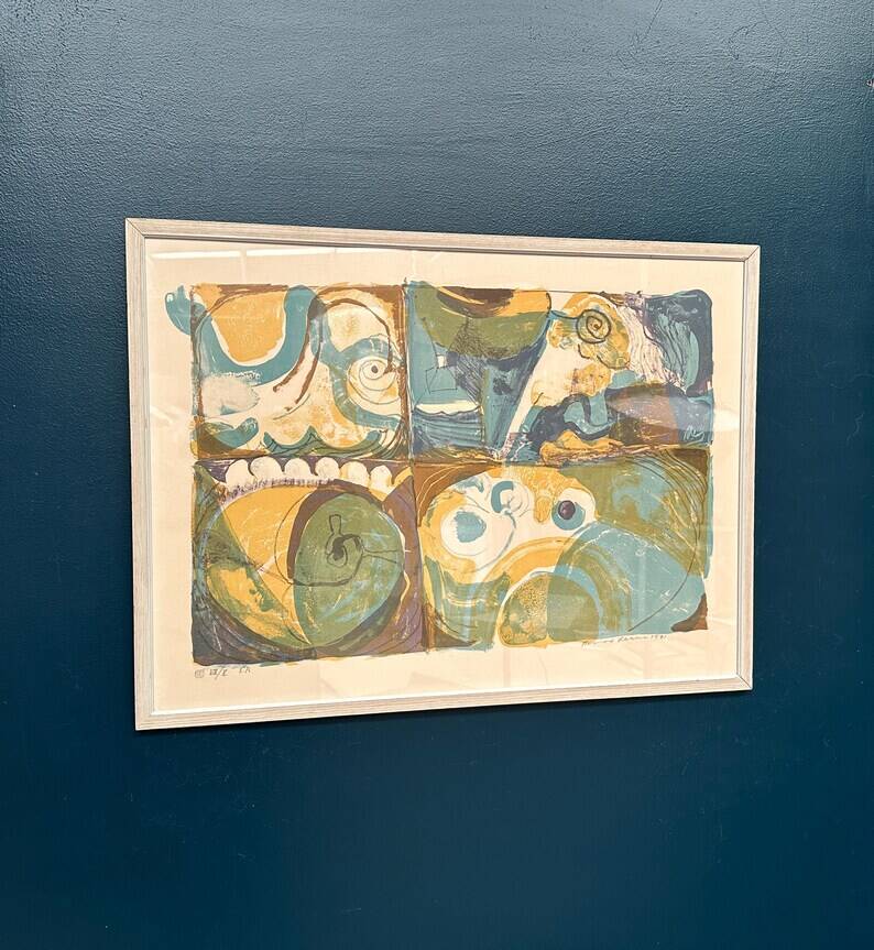 Large Original Swedish Graphic Sheet – "Composition" by Thormod Larsen – 1971 – Vintage and Framed – 79 × 59 cm (31.1" × 23.2")