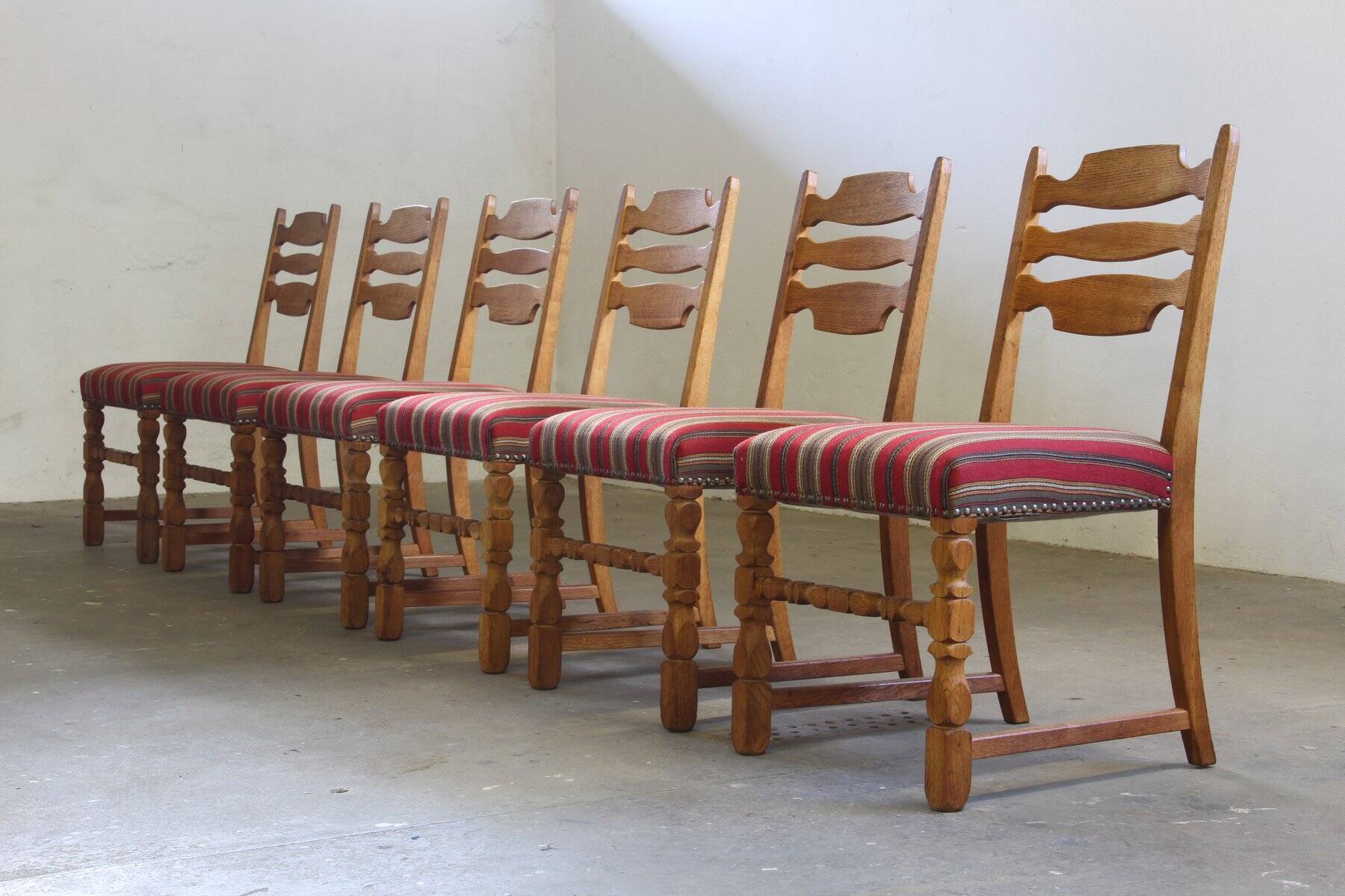 Danish modern brutalist oak dining chairs by Henning Kjærnulf, 1960s, set of 6