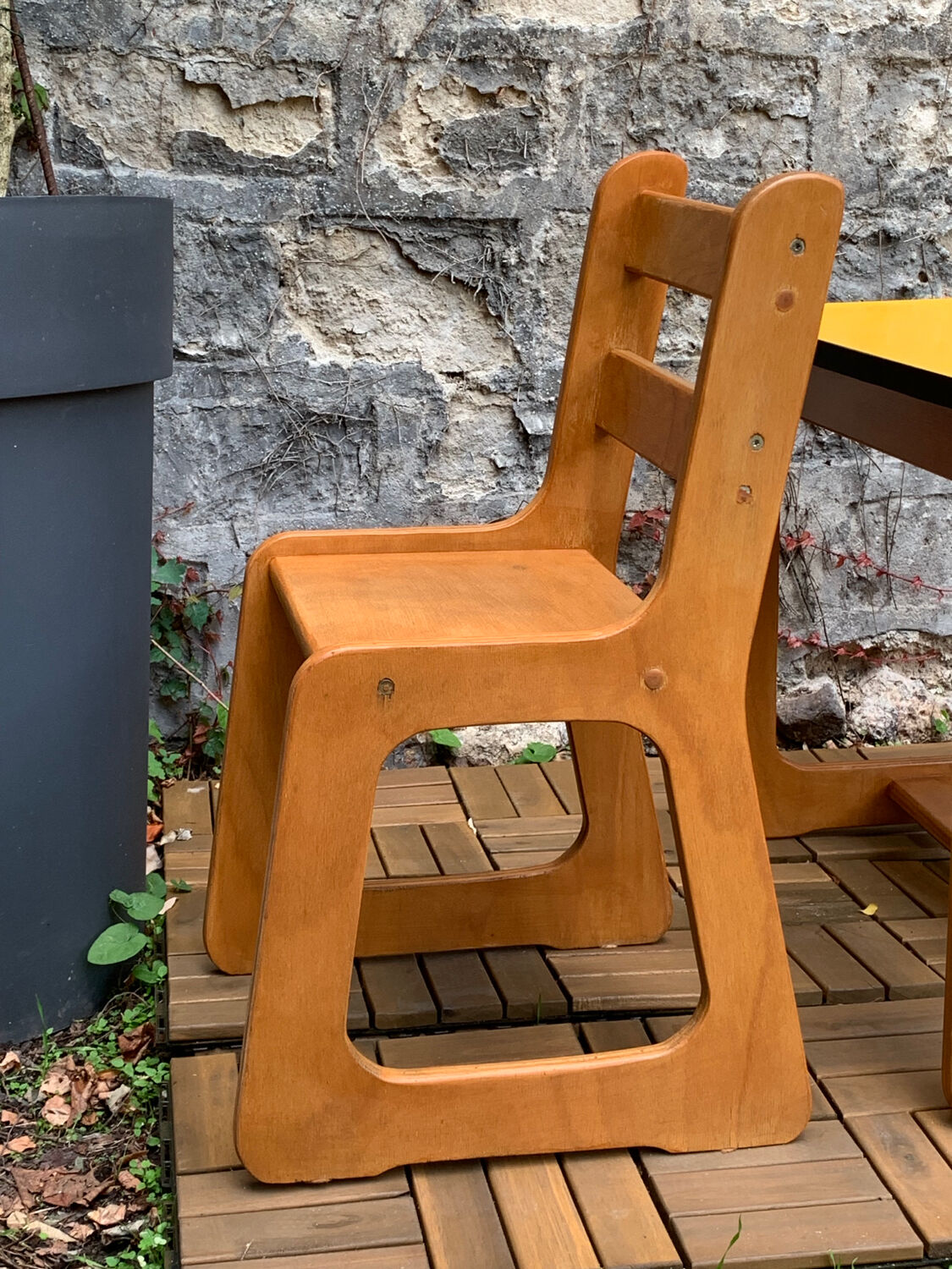 Children's wooden and formica desk and sled chairs 1970