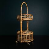 Vintage round service trolley in bamboo and rattan, 1960s
