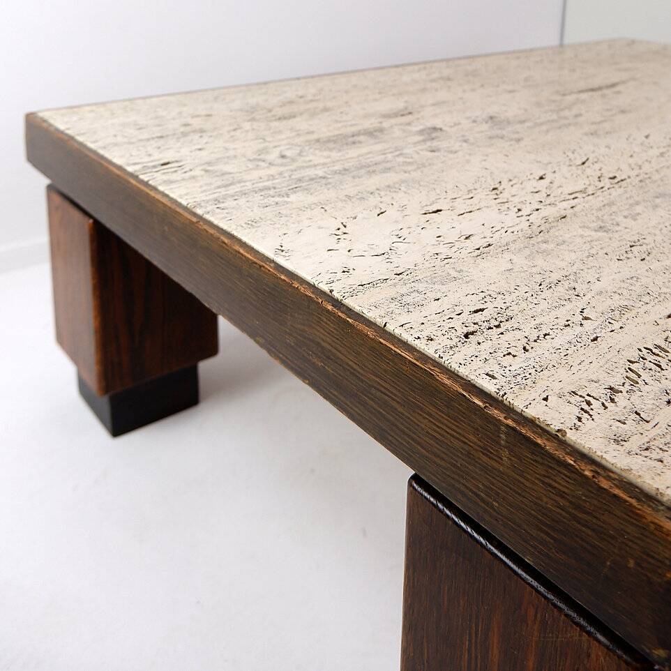 Wood and travertine top large coffee table