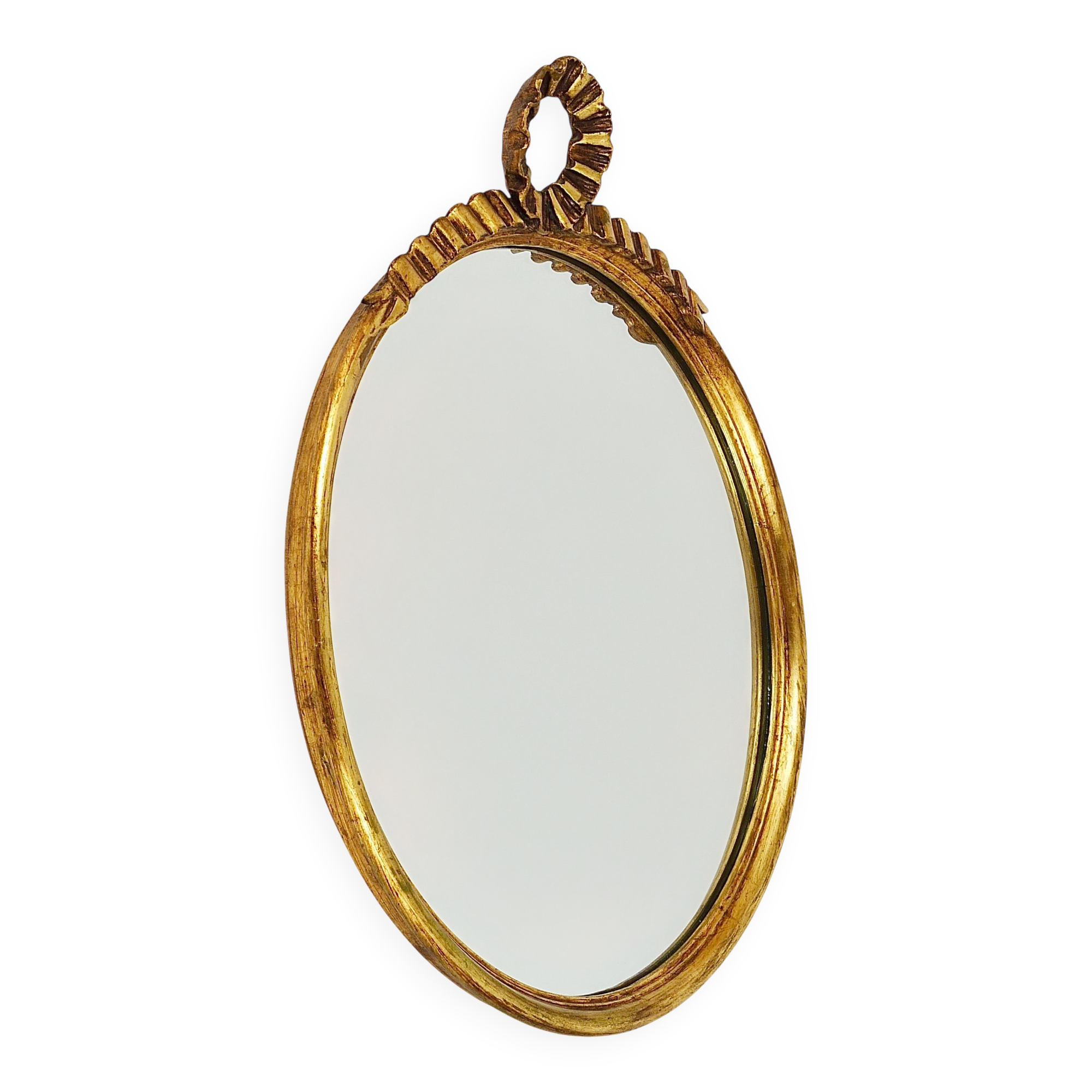 Round wall mirror in gilded wood, mid-century, C. Allodi & G. Subelli, Italy, 1950s.