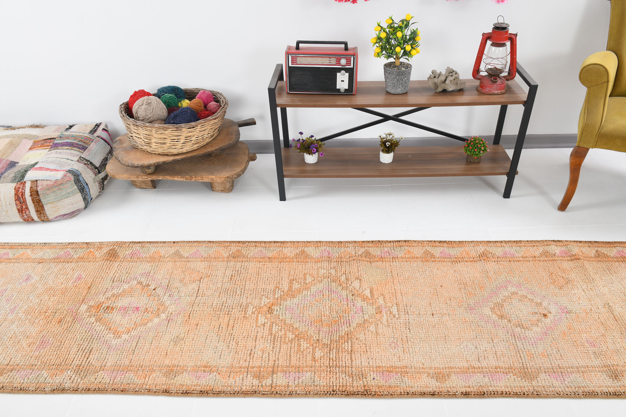 3x13 pale pink & orange turkish runner rug 82x403cm