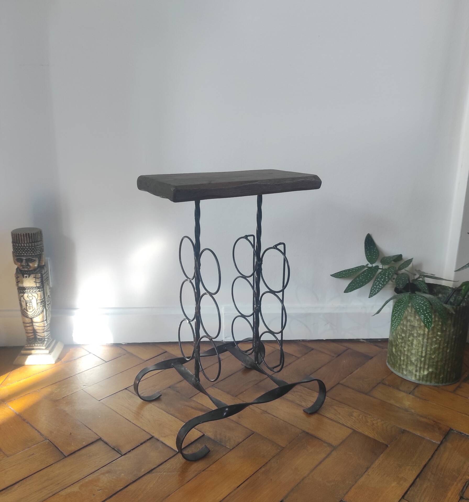 Side table, brutalist bottle holder in wrought iron and solid wood.