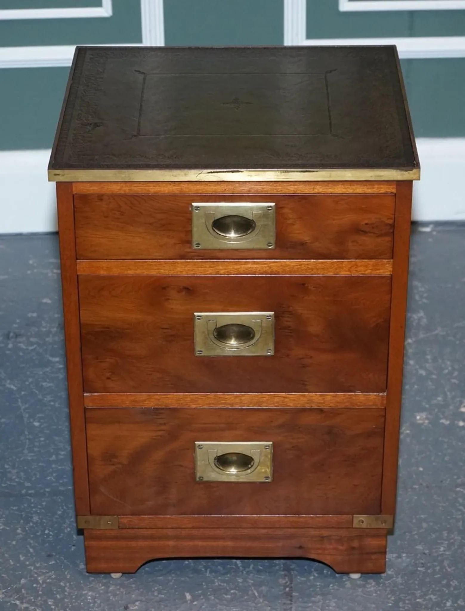 Yew Wood Nightstand Military Campaign with Green Leather Top