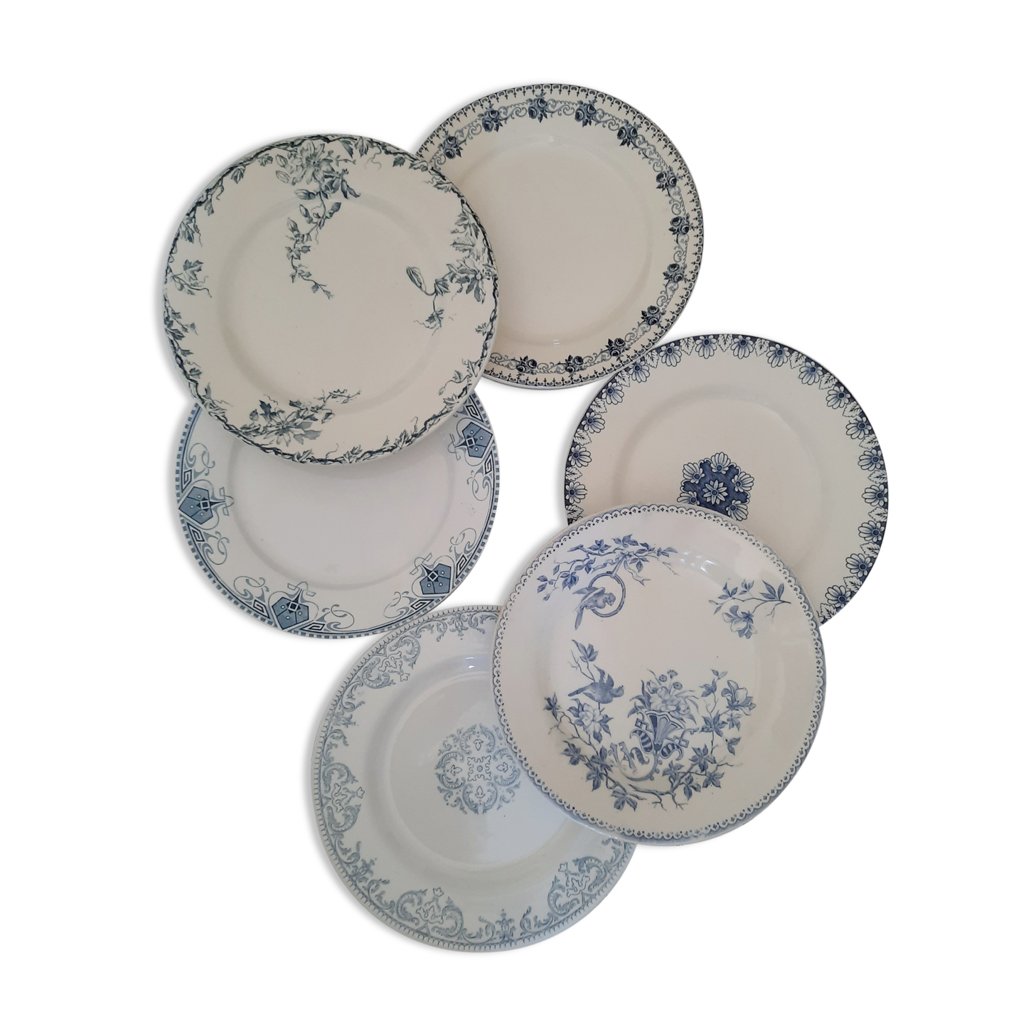 6 old flat plates mismatched iron earth